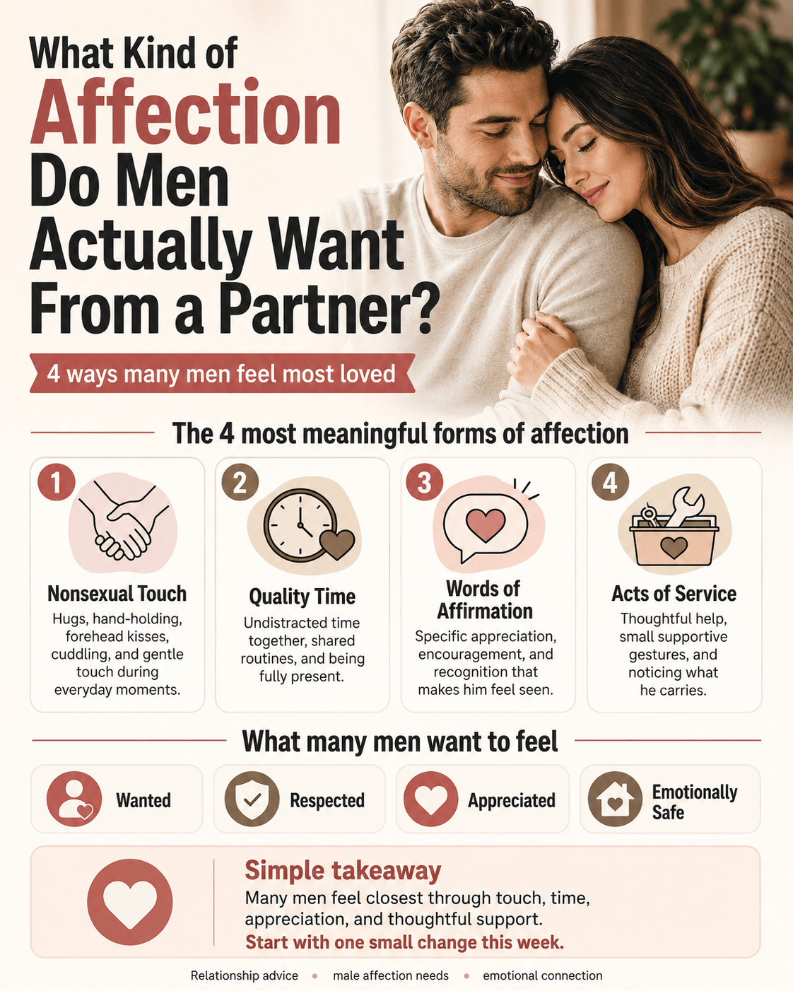 Infographic showing what kind of affection men actually want from a partner, featuring a couple in a warm, emotionally connected pose and four key affection types: nonsexual touch, quality time, words of affirmation, and acts of service. Mobile-friendly relationship infographic highlighting that many men want to feel wanted, respected, appreciated, and emotionally safe.