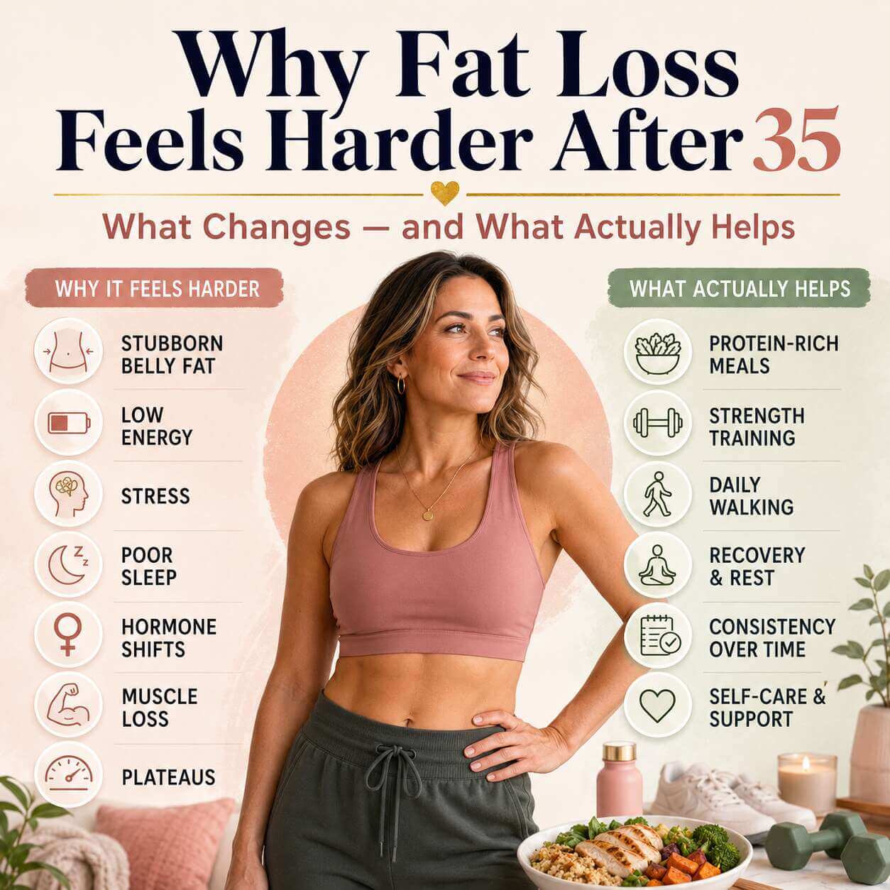 Intro image for women over 35 showing why fat loss feels harder after 35, with common challenges like stubborn belly fat, low energy, stress, poor sleep, hormone shifts, muscle loss, and plateaus, plus what helps most: protein-rich meals, strength training, daily walking, recovery, consistency, and self-care support.