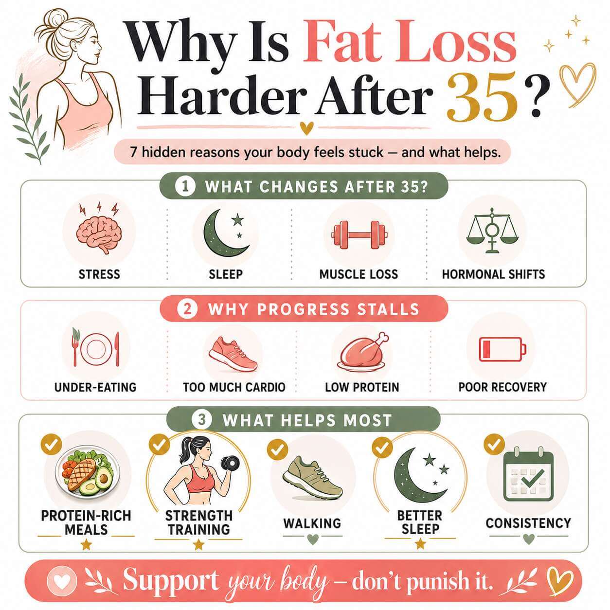 Intro image for women over 35 showing why fat loss feels harder after 35, with common challenges like stubborn belly fat, low energy, stress, poor sleep, hormone shifts, muscle loss, and plateaus, plus what helps most: protein-rich meals, strength training, daily walking, recovery, consistency, and self-care support.