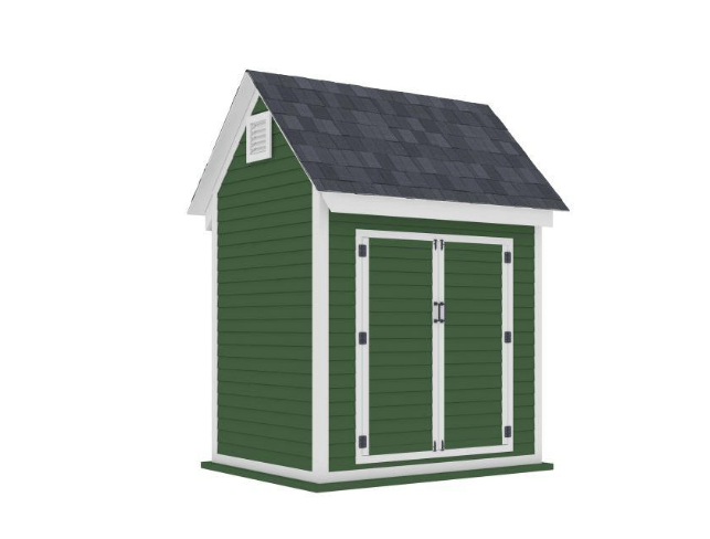 A small, green backyard bike shed