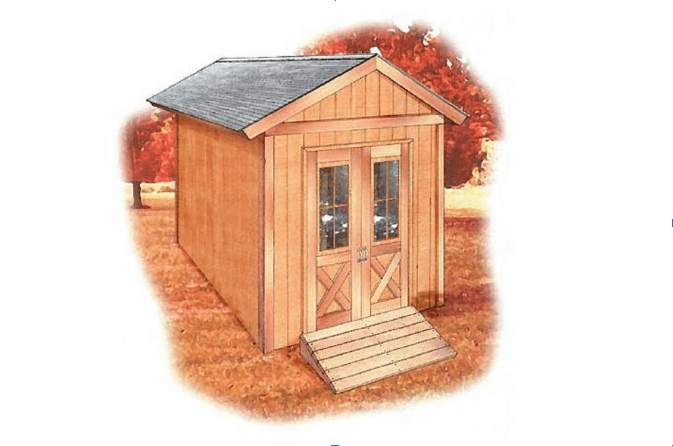 A rustic-looking wooden storage shed with gable roof