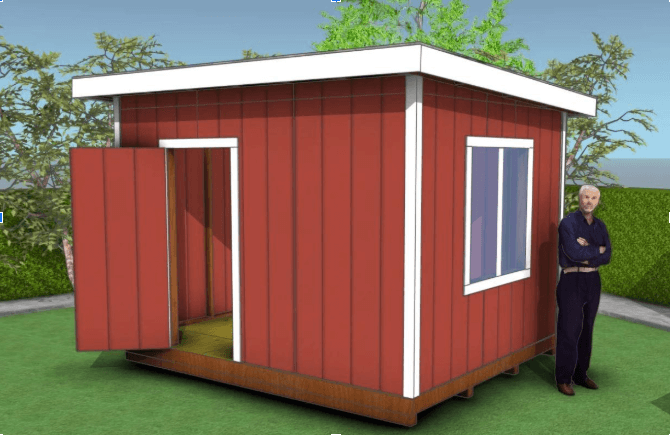 A contemporary red shed with a flat white roof