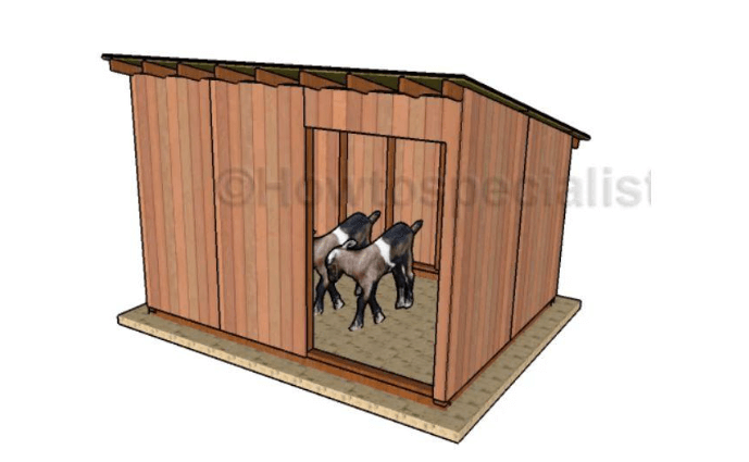 A wooden lean-to style animal shelter