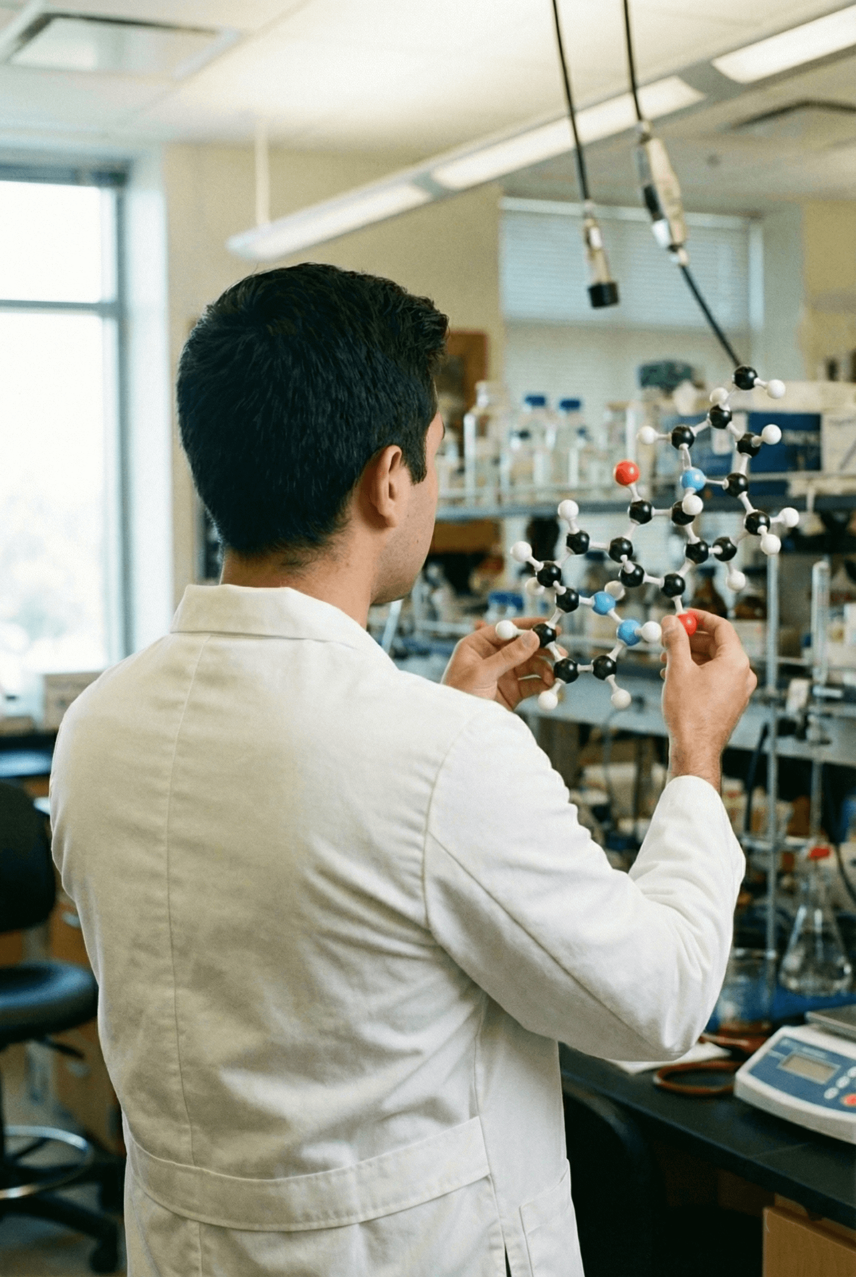A male pharmacy student in a white lab coat examining a complex molecular structure model in a university research laboratory.