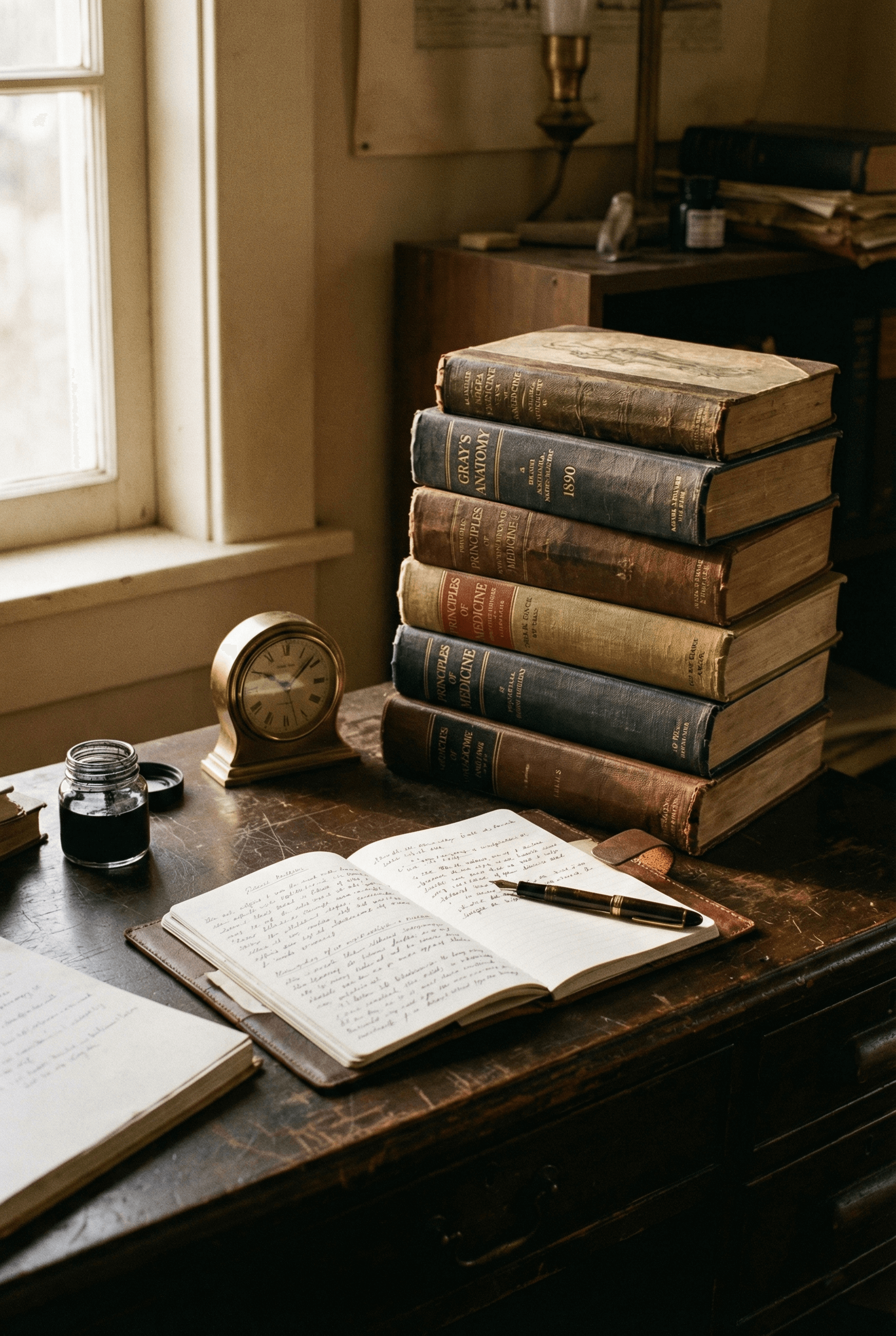 Pharmacy student study desk with a stack of pharmacology textbooks and research notes on men's health.